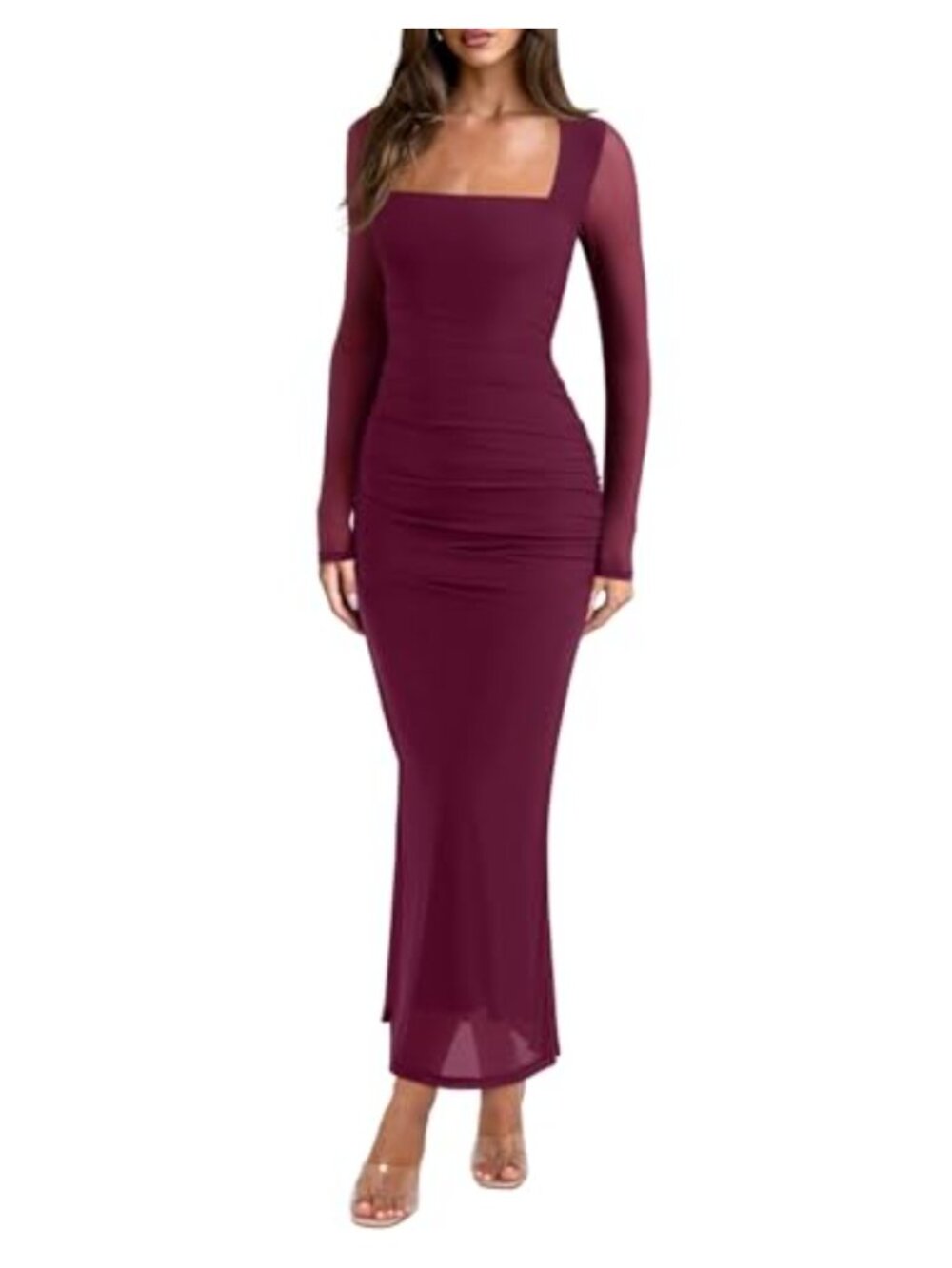 Women's Sheer Mesh Long Sleeve Square Neck Ruched Bodycon Maxi Dress Party Club